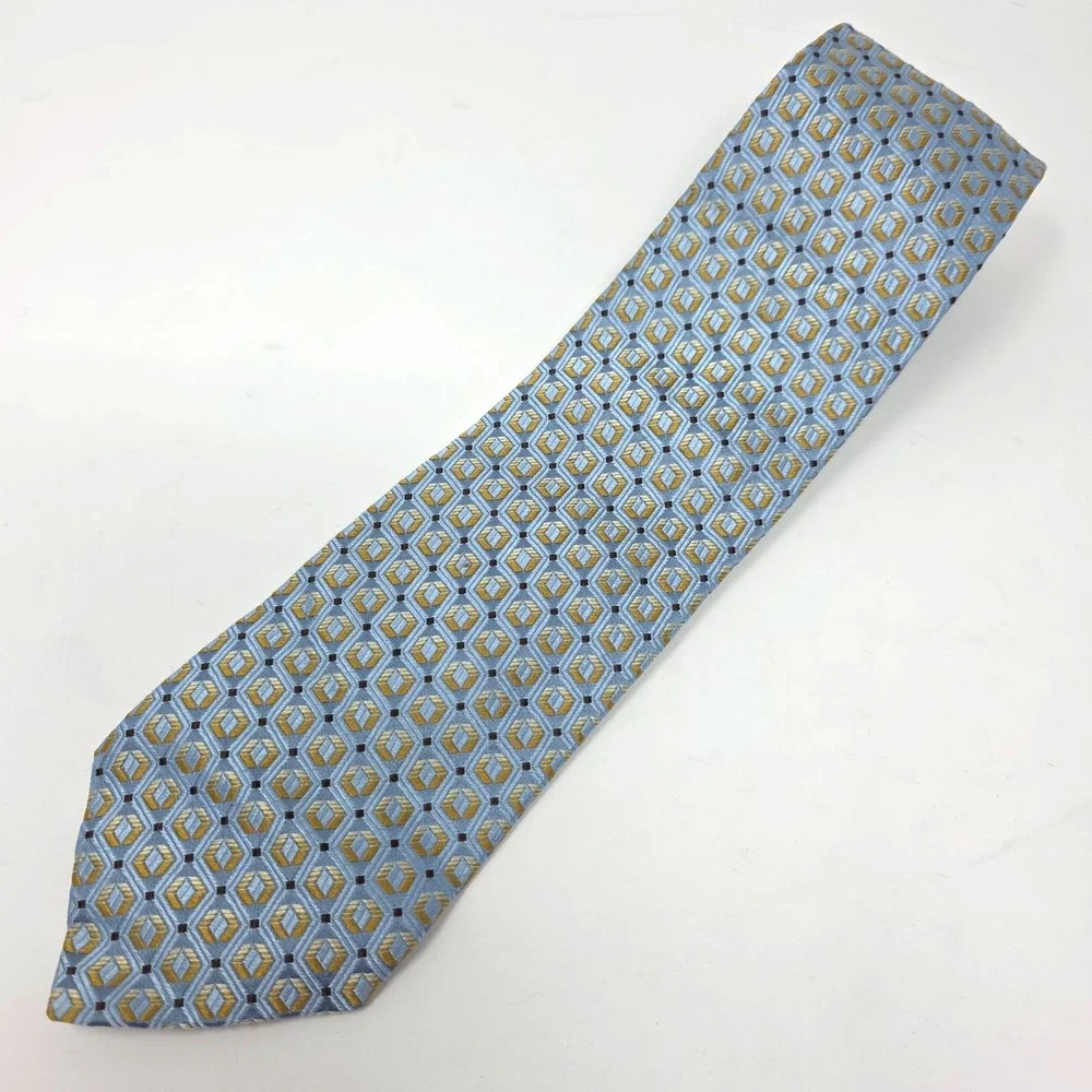 Ermenegildo Zegna Silk Tie‎ Mens Blue Gold Geometric Hexagon Classic Italy 58